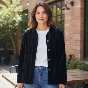 COLDWATER CREEK | Black Silk Blend Velvet Chunky Button Down Shirt Jacket | M